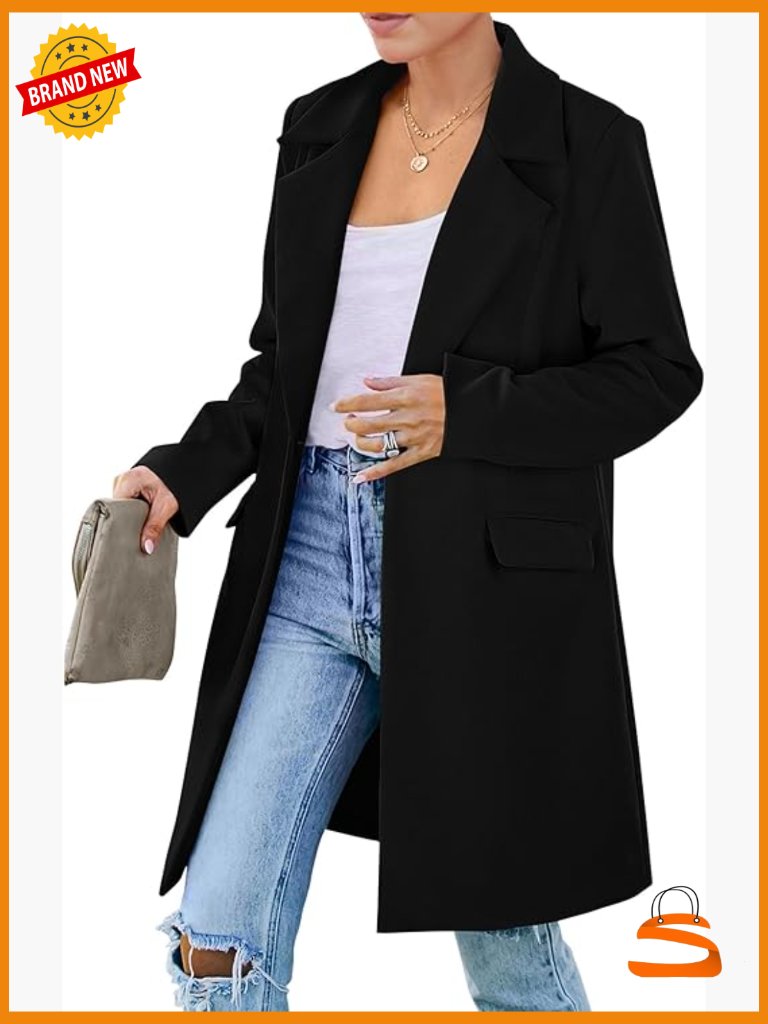 Long Blazer Jacket Open Front Notch Lapel With Pockets For Work